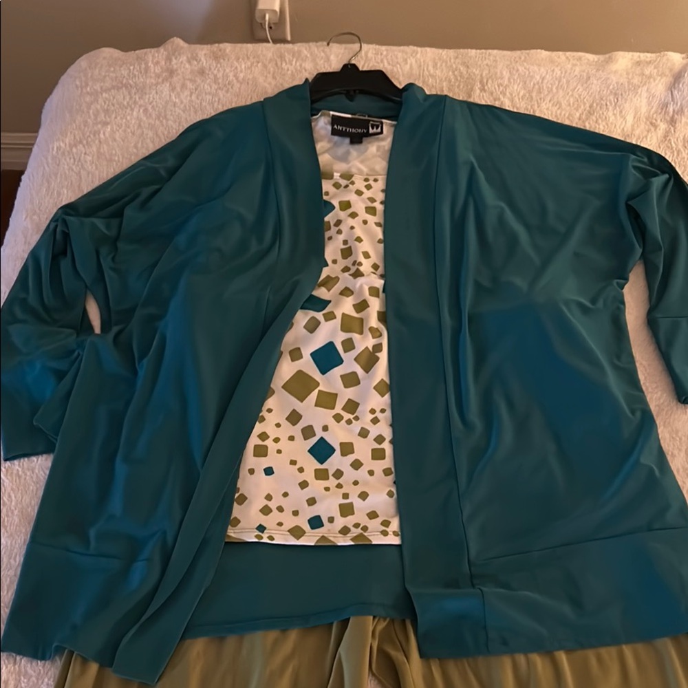 Teal Cardigan with Geometric Print Top and Olive Pants